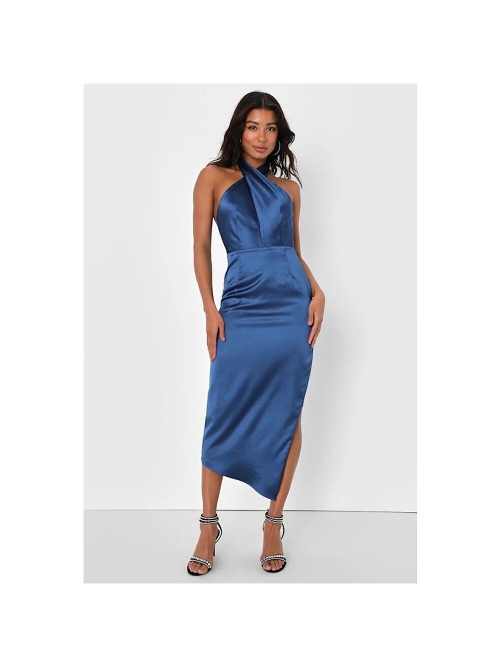 Lulus Blue Satin Halter Asymmetrical Midi Dress Size S